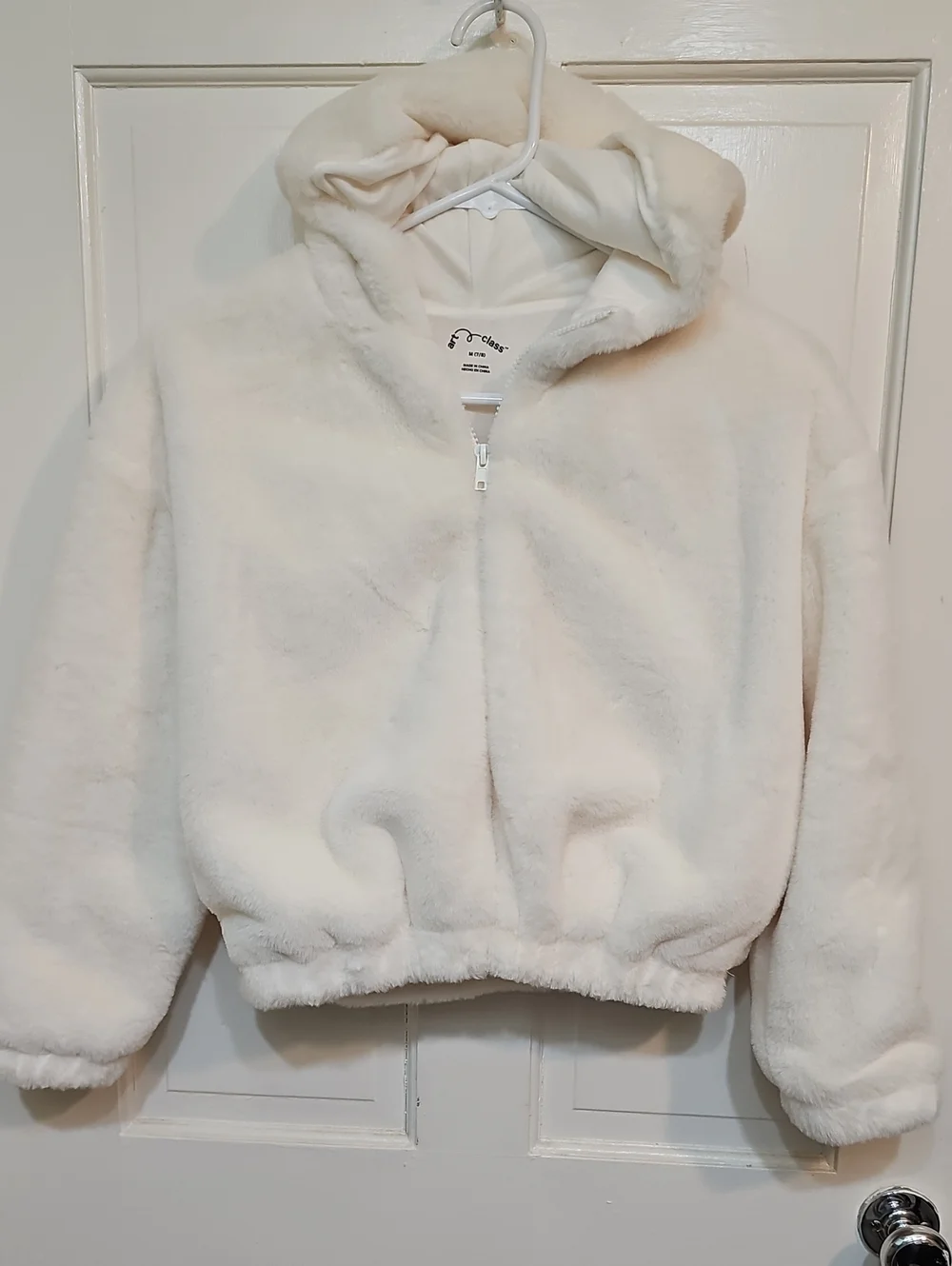 art class Cream Faux-Fur Hooded Puffer Jacket for Kids